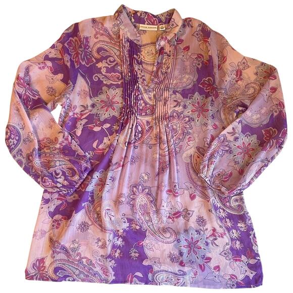 Susan Garver Paisley Floral Boho Purple Pleated Long Sleeve Tunic Blouse Medium - Picture 10 of 12